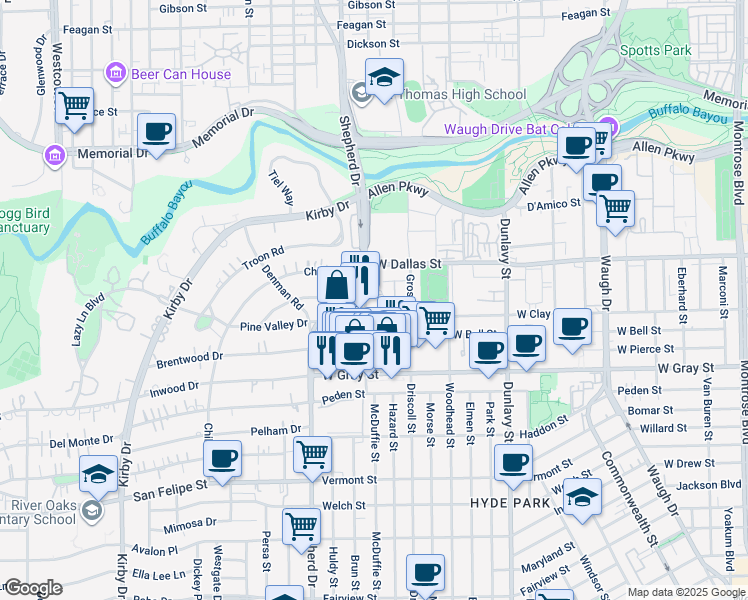 map of restaurants, bars, coffee shops, grocery stores, and more near 3803 Newhouse Street in Houston