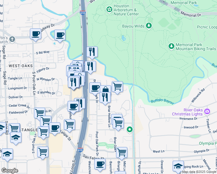 map of restaurants, bars, coffee shops, grocery stores, and more near 9 River Hollow Lane in Houston