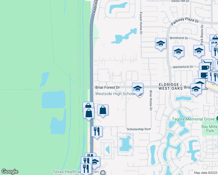 map of restaurants, bars, coffee shops, grocery stores, and more near 14515 Briar Forest Drive in Houston