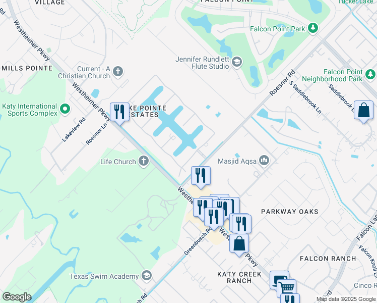 map of restaurants, bars, coffee shops, grocery stores, and more near 24903 Laguna Edge Drive in Katy