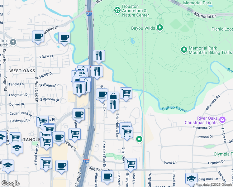 map of restaurants, bars, coffee shops, grocery stores, and more near 9 River Hollow Lane in Houston