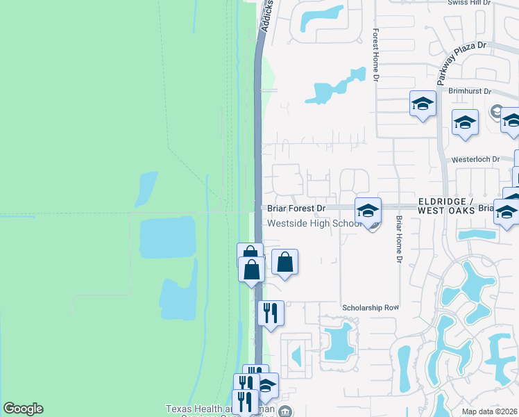 map of restaurants, bars, coffee shops, grocery stores, and more near 15601 Briar Forest Drive in Houston