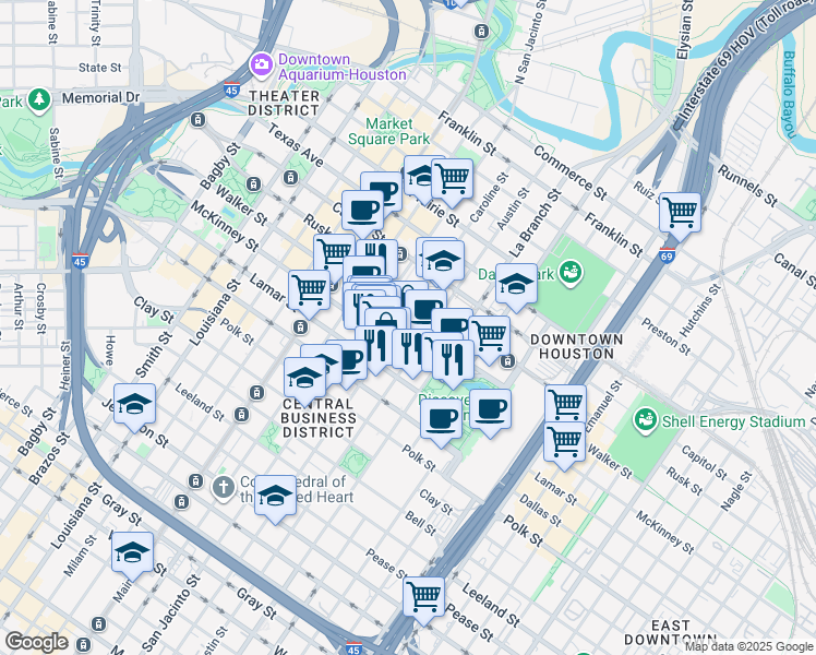 map of restaurants, bars, coffee shops, grocery stores, and more near 1301 McKinney Street in Houston