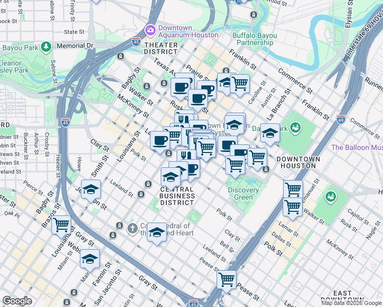 map of restaurants, bars, coffee shops, grocery stores, and more near 1001 Fannin Street in Houston