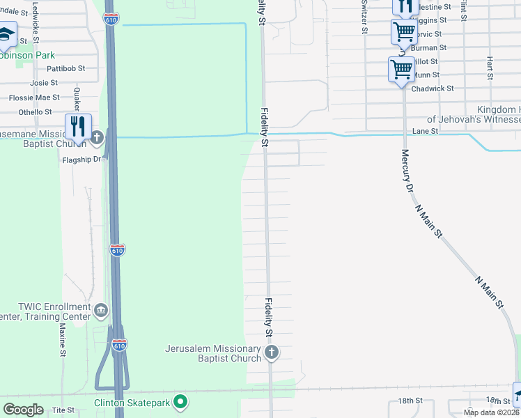 map of restaurants, bars, coffee shops, grocery stores, and more near 3201 Fidelity Street in Houston