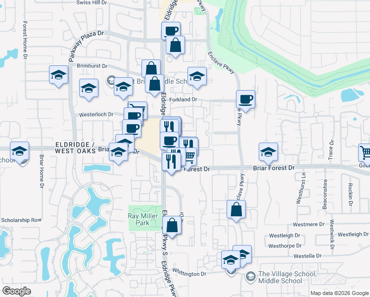 map of restaurants, bars, coffee shops, grocery stores, and more near 13327 Olive Trace in Houston