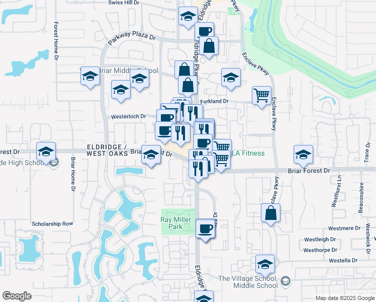 map of restaurants, bars, coffee shops, grocery stores, and more near 13410 Briar Forest Drive in Houston