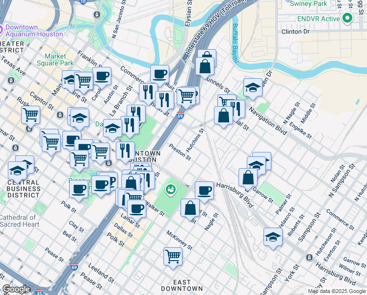 map of restaurants, bars, coffee shops, grocery stores, and more near 2200 Preston Street in Houston