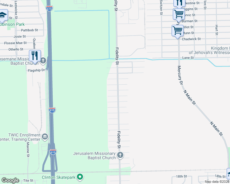 map of restaurants, bars, coffee shops, grocery stores, and more near 3201 Fidelity Street in Houston