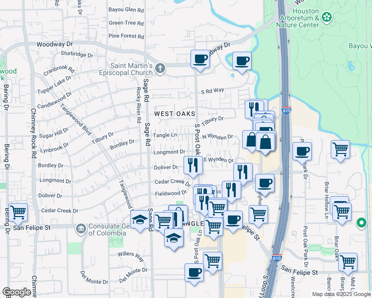 map of restaurants, bars, coffee shops, grocery stores, and more near 5021 Longmont Drive in Houston
