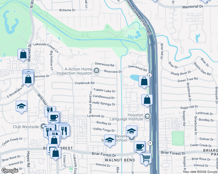 map of restaurants, bars, coffee shops, grocery stores, and more near 10626 Tupper Lake Drive in Houston