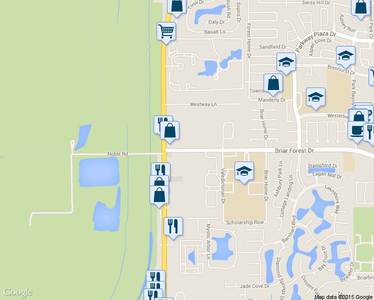 map of restaurants, bars, coffee shops, grocery stores, and more near 14701 Briar Forest Drive in Houston