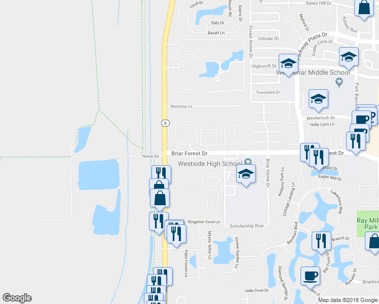 map of restaurants, bars, coffee shops, grocery stores, and more near 14598 Briar Forest Drive in Houston