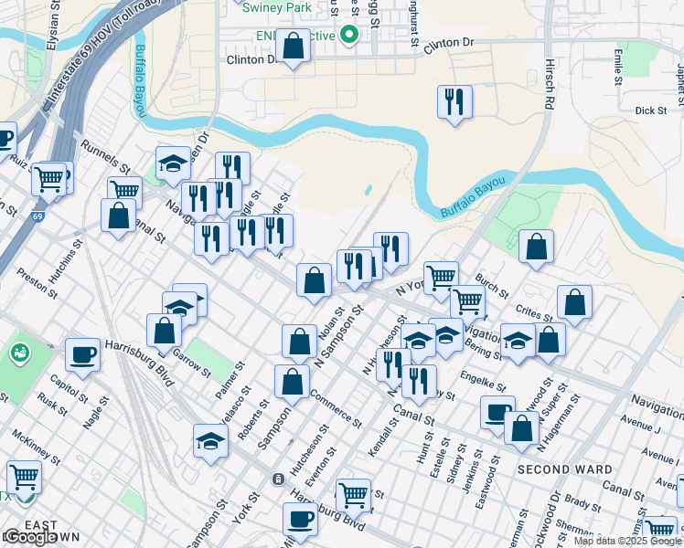 map of restaurants, bars, coffee shops, grocery stores, and more near 3317-3401 Navigation Boulevard in Houston