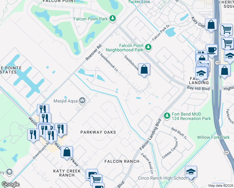 map of restaurants, bars, coffee shops, grocery stores, and more near 3 Azure Lake Court in Katy