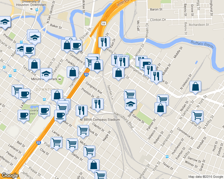 map of restaurants, bars, coffee shops, grocery stores, and more near 2407 Roufa Road in Houston