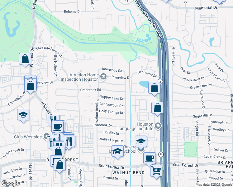 map of restaurants, bars, coffee shops, grocery stores, and more near 10626 Tupper Lake Drive in Houston