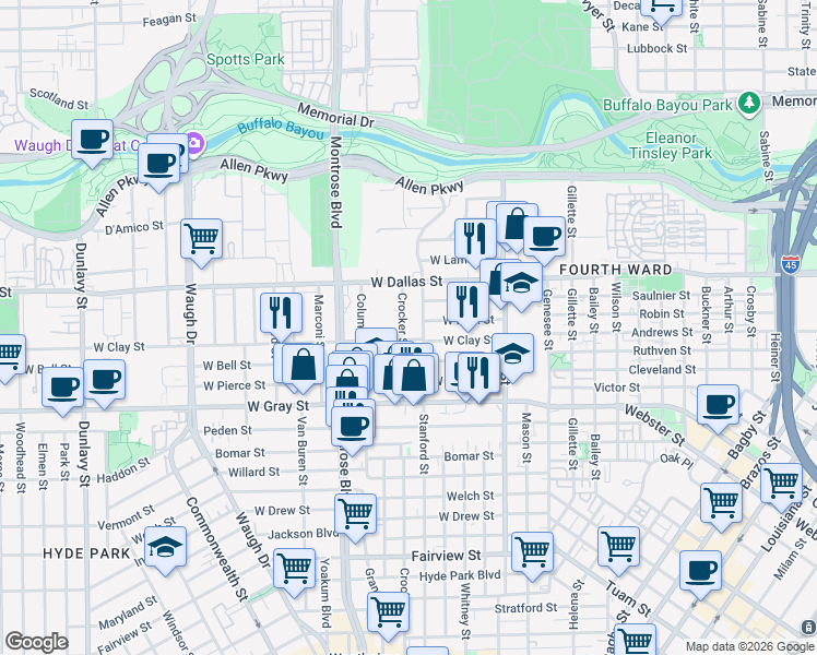 map of restaurants, bars, coffee shops, grocery stores, and more near 1203 Crocker Street in Houston