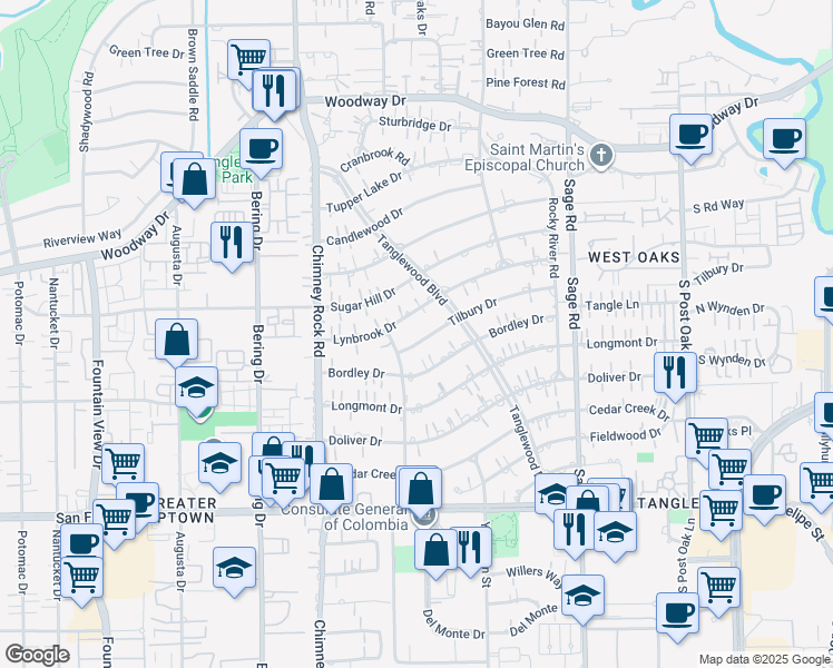 map of restaurants, bars, coffee shops, grocery stores, and more near 5565 Tilbury Drive in Houston