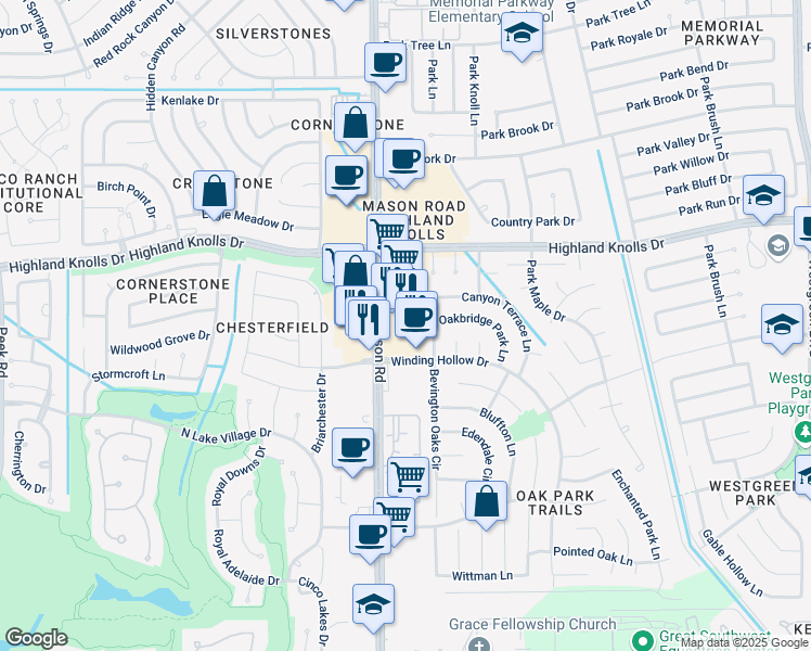 map of restaurants, bars, coffee shops, grocery stores, and more near 1803 Mason Road in Katy