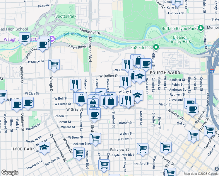 map of restaurants, bars, coffee shops, grocery stores, and more near 1203 Crocker Street in Houston