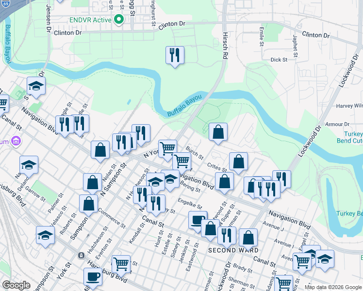 map of restaurants, bars, coffee shops, grocery stores, and more near 601 North Milby Street in Houston