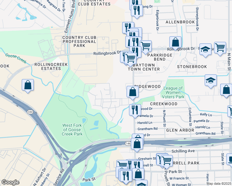 map of restaurants, bars, coffee shops, grocery stores, and more near 1000 Northwood Street in Baytown