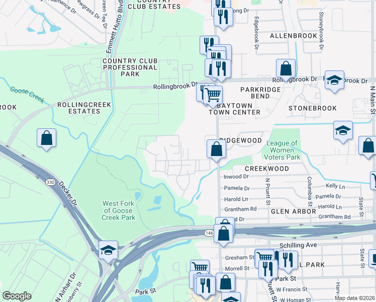 map of restaurants, bars, coffee shops, grocery stores, and more near 1000 Northwood Street in Baytown