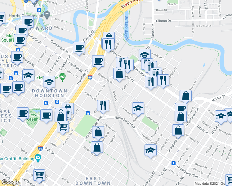 map of restaurants, bars, coffee shops, grocery stores, and more near 2423 Roufa Road in Houston