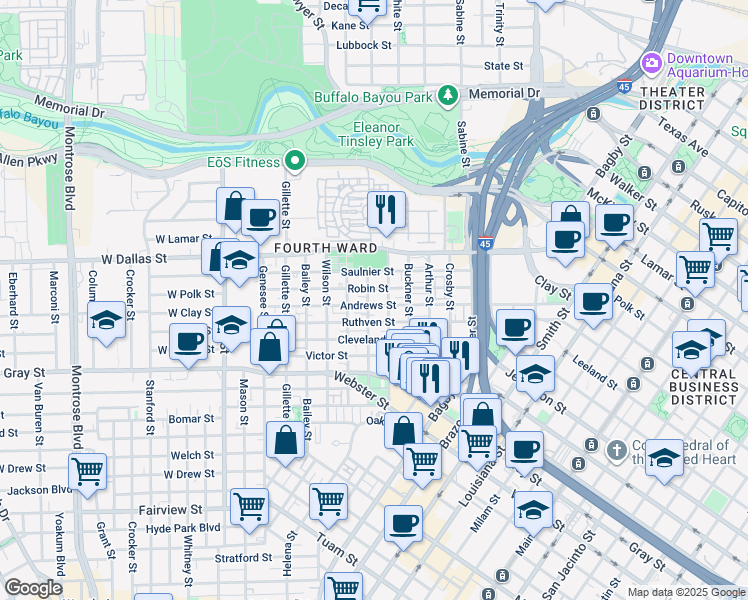 map of restaurants, bars, coffee shops, grocery stores, and more near 1107 Andrews Street in Houston