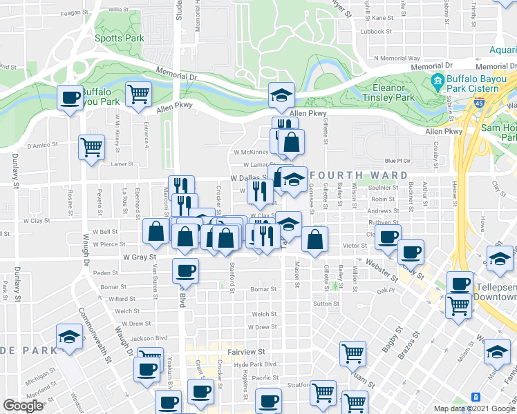 map of restaurants, bars, coffee shops, grocery stores, and more near 518 West Clay Street in Houston