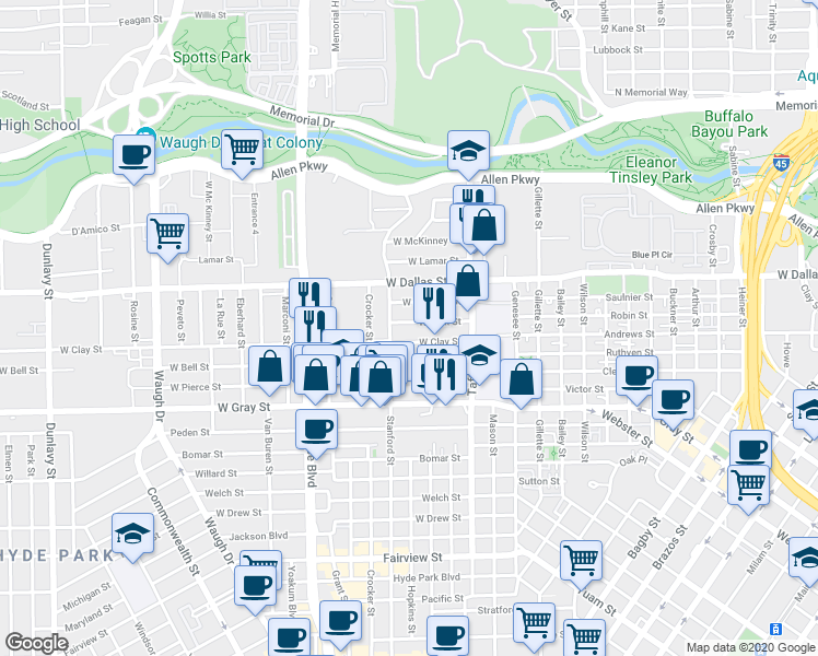 map of restaurants, bars, coffee shops, grocery stores, and more near 518 West Clay Street in Houston