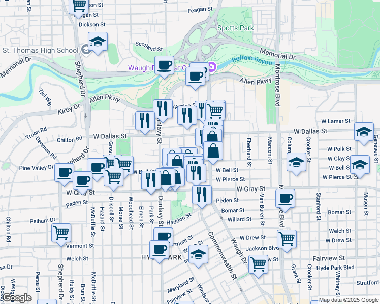 map of restaurants, bars, coffee shops, grocery stores, and more near 1518 West Clay Street in Houston