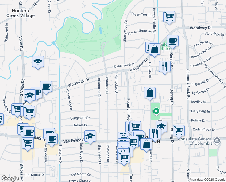 map of restaurants, bars, coffee shops, grocery stores, and more near 1117 Potomac Drive in Houston