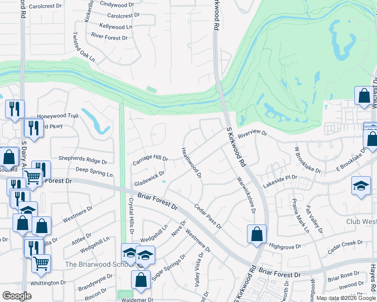 map of restaurants, bars, coffee shops, grocery stores, and more near 11935 Carriage Hill Drive in Houston