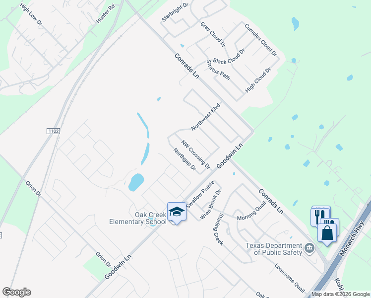 map of restaurants, bars, coffee shops, grocery stores, and more near 635 Northwest Crossing Drive in New Braunfels