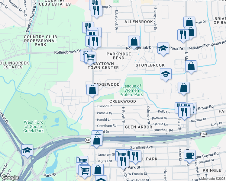 map of restaurants, bars, coffee shops, grocery stores, and more near 602 Riverbend Street in Baytown
