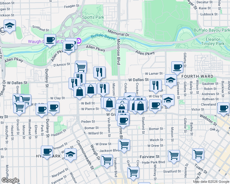 map of restaurants, bars, coffee shops, grocery stores, and more near 1110 West Clay Street in Houston