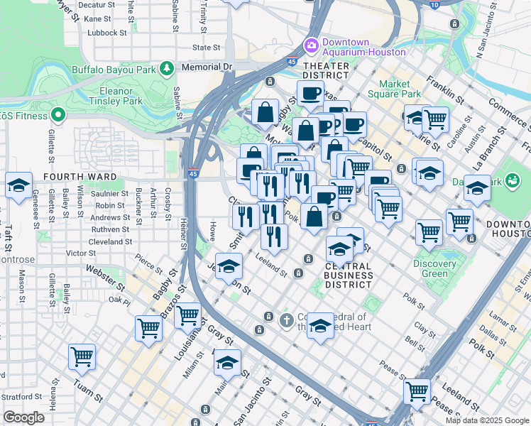 map of restaurants, bars, coffee shops, grocery stores, and more near in Houston