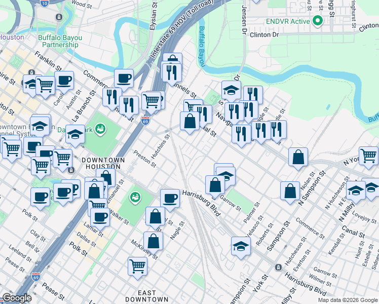 map of restaurants, bars, coffee shops, grocery stores, and more near 119 Riley Lane in Houston