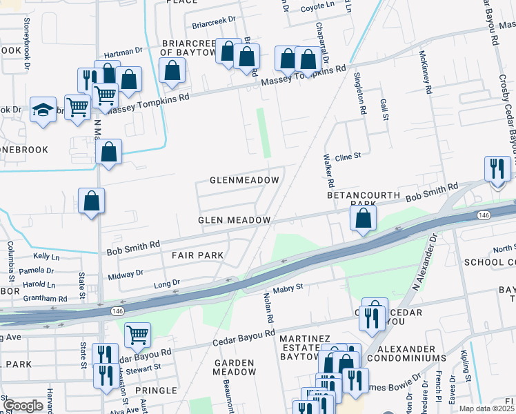 map of restaurants, bars, coffee shops, grocery stores, and more near 3104 Newcastle Drive in Baytown