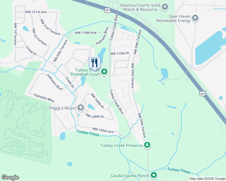 map of restaurants, bars, coffee shops, grocery stores, and more near 11024 Northwest 61 Terrace in Alachua