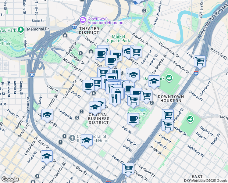 map of restaurants, bars, coffee shops, grocery stores, and more near 1221 McKinney Street in Houston