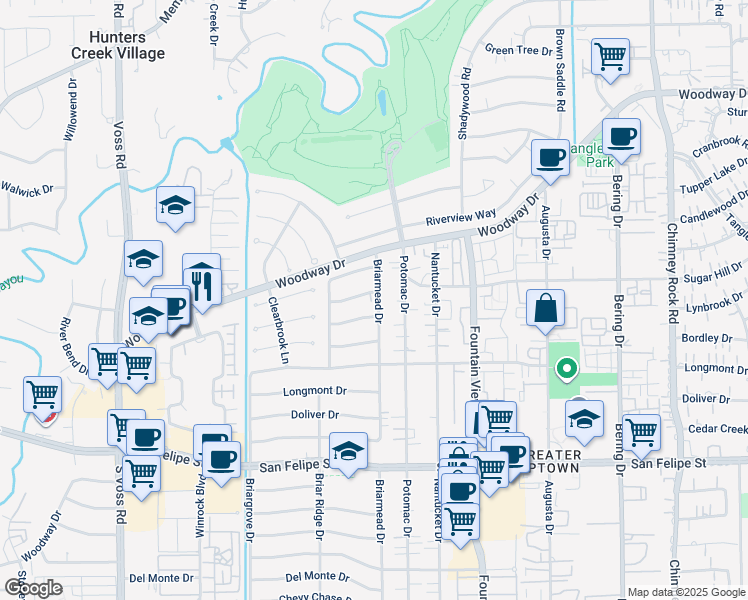 map of restaurants, bars, coffee shops, grocery stores, and more near 6123 Sugar Hill Drive in Houston