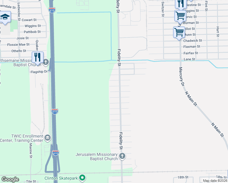 map of restaurants, bars, coffee shops, grocery stores, and more near 3201 Fidelity Street in Houston
