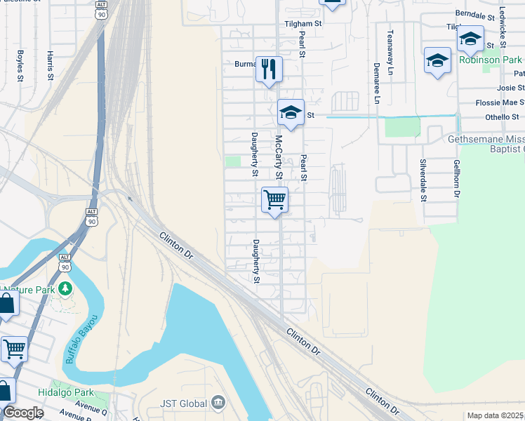 map of restaurants, bars, coffee shops, grocery stores, and more near 8014 Kerr Street in Houston