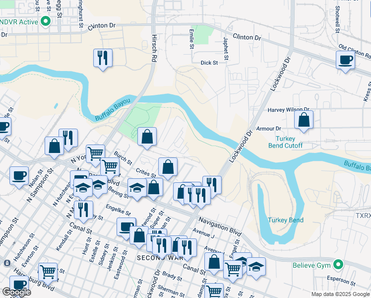 map of restaurants, bars, coffee shops, grocery stores, and more near 713 North Eastwood Street in Houston