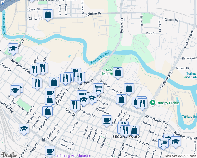 map of restaurants, bars, coffee shops, grocery stores, and more near 3814 Burch Street in Houston