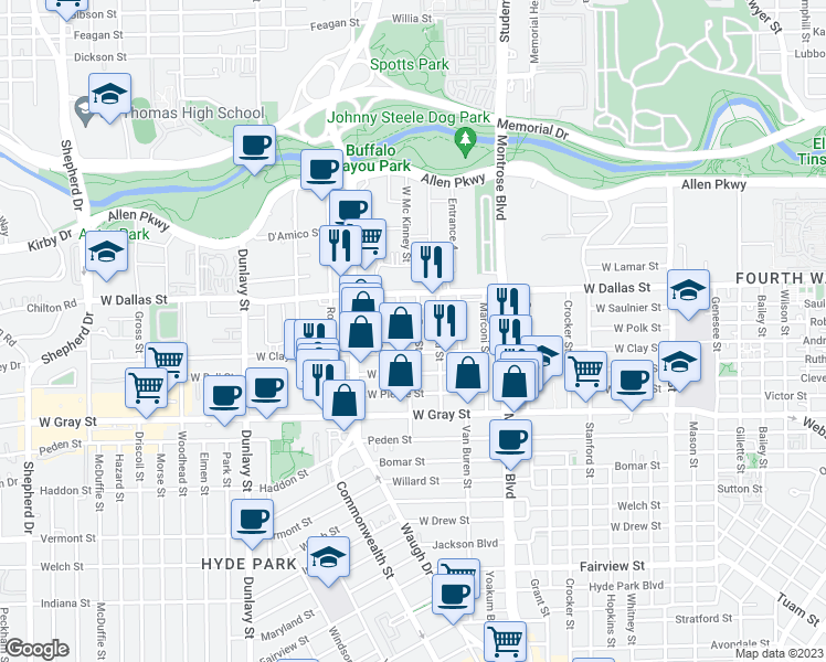 map of restaurants, bars, coffee shops, grocery stores, and more near 1226 West Clay Street in Houston