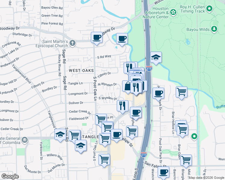 map of restaurants, bars, coffee shops, grocery stores, and more near 34 South Wynden Drive in Houston